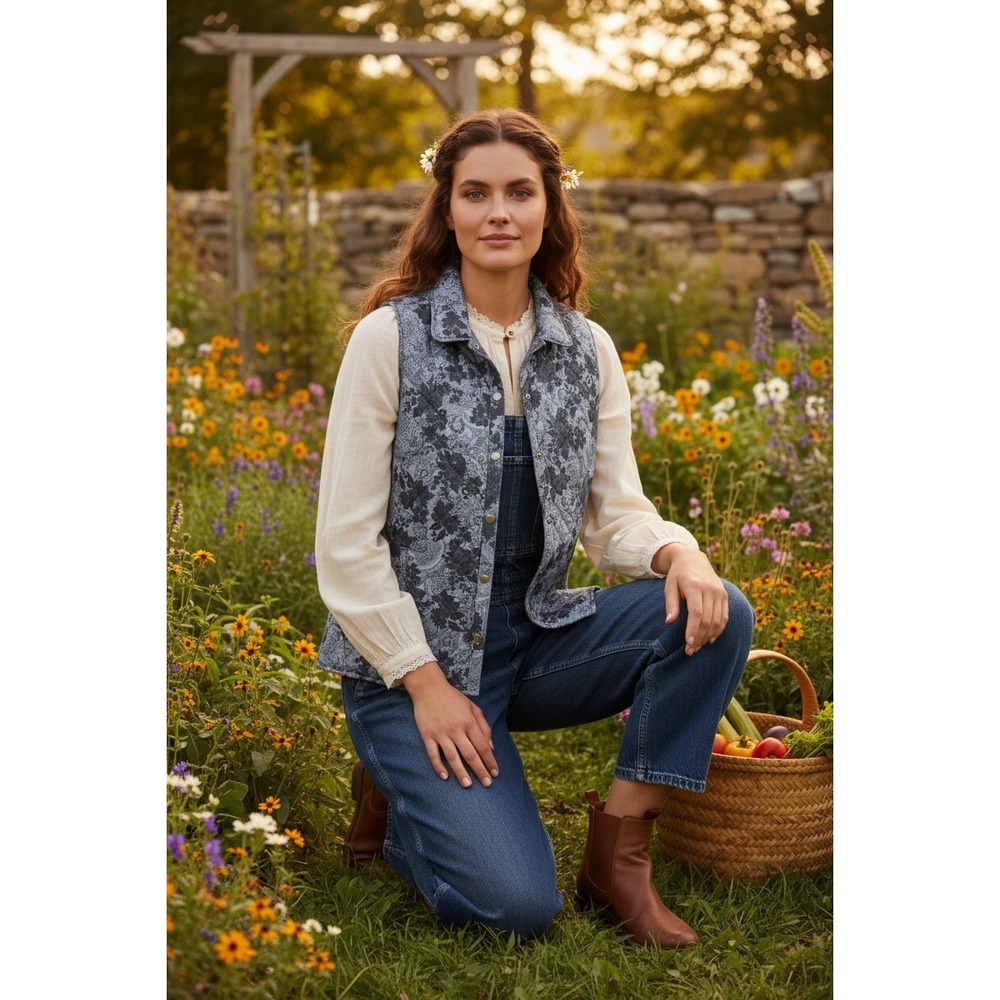 J. Jill Quilted Vest Medium Blue Paisley Floral Snap Front Pockets Cottagecore